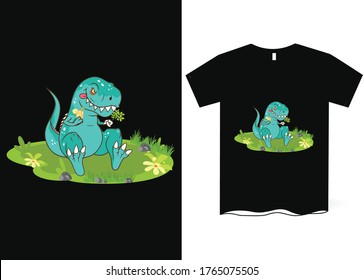 Trex sitting down eating leaves- Trex t-shirt Design, Trex vector, grass, leaf, vector