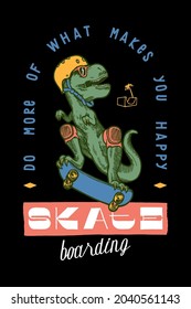 T-rex skateboarding vintage typography t-shirt print. Summer street sports vector illustration
