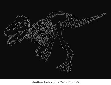 Ilustração esqueleto T-Rex em preto e branco, ossos detalhados e dentes afiados visíveis contra um fundo escuro. Perfeito para materiais educacionais, temas pré-históricos ou projetos científicos.