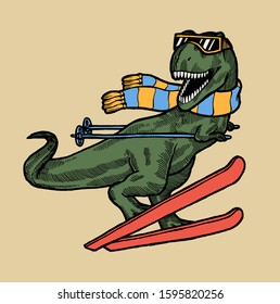 T-rex Ski Character. Dinosaur In Glasses And Scarf Skiing. Funny Winter Sports Dino.