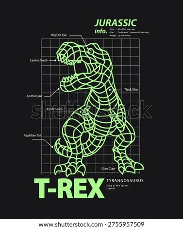 t-rex slogan with neon green outline shape of dinosaur diagram vector illustration on black background