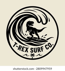 T-rex surf co tropical ride wild waves adventure awaits circular emblem design with retro typography and surfing tyrannosaurus rex vector line art