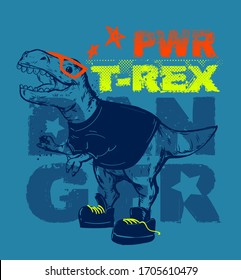 T-rex t shirt design on blue background with typographic composition. Danger dinosaur power vector illustration for boy clothes.