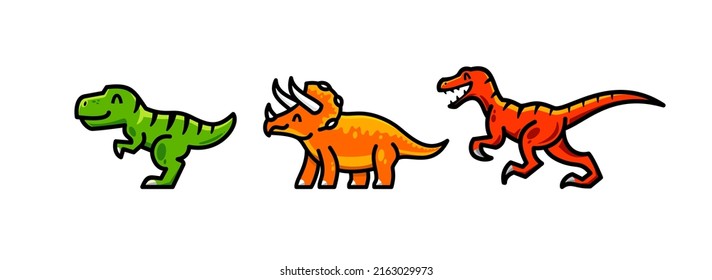 T-rex, Triceratops und Raptor Maskottlogo. Dinosaurier Cartoon Vektor Maskottensammlung. süßes Logo-Design der alten Kreatur