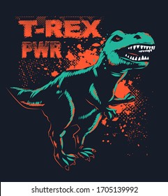 T-rex  t-shirt design with words Dangerous POWER on background. Dino poster. Predator illustration