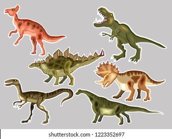 T-REX,  Tyrannosaur, Velociraptor, Triceratops, Brontosaurus, Parasaurolophus, Stegosaurus. Cute vector cartoon  set of a dinosaurs,  patches and stickers collection. 