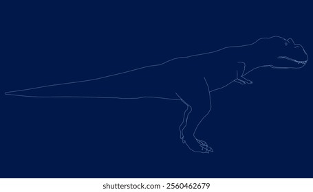 T-rex tyrannosaurus contour. Vector illustration dinosaur outline isolated on blue background. Standing dino logo icon, side view