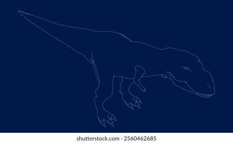 T-rex tyrannosaurus contour. Vector illustration dinosaur outline isolated on blue background. Standing dino logo icon, isometric view