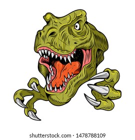 T-REX Tyrannosaurus Rex big dangerous head of dino dinosaur. Cartoon illustration drawing engraving ink line art vector. Isolated white background for print design t shirt clothes sticker poster. 
