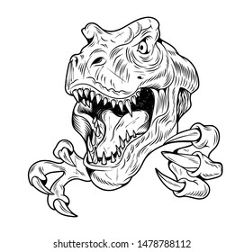 T-REX Tyrannosaurus Rex big dangerous head of dino dinosaur. Cartoon illustration drawing engraving ink line art vector. Isolated white background for print design t shirt clothes sticker poster. 