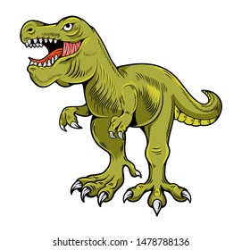 T-REX Tyrannosaurus Rex Big Dangerous Dino Running Dinosaur. Cartoon Illustration Drawing Engraving Ink Line Art Vector. Isolated White Background For Print Design T Shirt Clothes Sticker Poster.