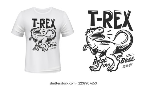 T-rex, tyrannosaurus rex dinosaur. Sport mascot t-shirt print. Clothing custom design vector print mockup, sport team or club symbol with prehistoric animal mascot, Jurassic era predatory reptile