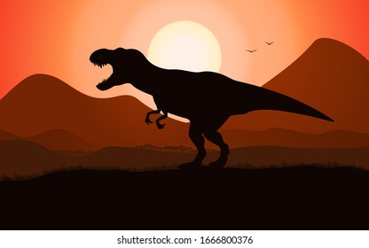 T-rex tyrannosaurus silhouette dinosaur on the background of Jurassic sunset. Vector illustration of a prehistoric extinct hunter reptile tyrannosaurus rex.
