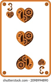 Trey of hearts in the style of mechanical steampunk. Vector illustration.