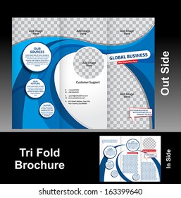 Tri Fold Blue Wave Brochure Vector Illustration 