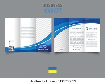 Tri fold brochure with blue waves. Collection of folded brochures.