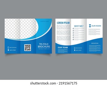 Tri fold brochure with blue waves. Collection of folded brochures.