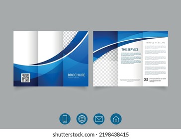 Tri fold brochure with blue waves. Creative fold brochure, marketing agency. Tri Fold Layout. Vector