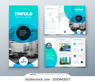 Tri fold brochure design. Blue business template for tri fold flyer. Layout with modern circle photo and abstract background. Creative 3 folded flyer or brochure concept.