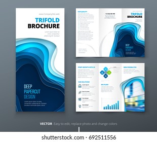 Tri fold brochure design. Blue DL Corporate business template for try fold brochure or flyer. Layout with modern elements and abstract background. Creative concept folded flyer or brochure.