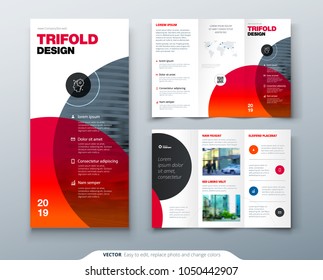 Tri fold brochure design. Business template for tri fold flyer. Layout with modern circle photo and abstract background. Creative 3 folded flyer or brochure concept.