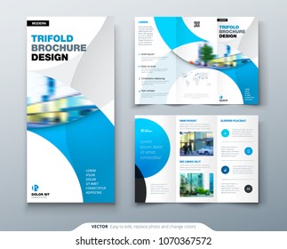 Tri fold brochure design with circle, corporate business template for tri fold flyer. Layout with modern photo and abstract circle background. Creative concept folded flyer or brochure.