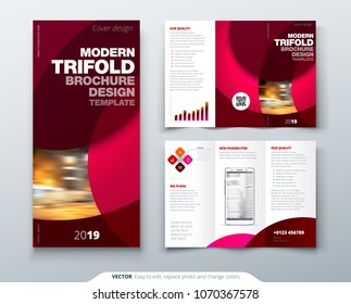 Tri fold brochure design with circle, corporate business template for tri fold flyer. Layout with modern photo and abstract circle background. Creative concept folded flyer or brochure.