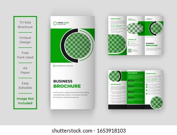 Tri fold brochure design with circle, corporate business template for tri fold flyer. Layout with modern photo and abstract circle background. Creative concept folded flyer or brochure.