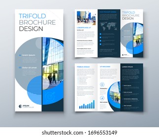 Tri fold brochure design with circle, corporate business template for tri fold flyer. Layout with modern photo and abstract circle background. Creative concept folded flyer or brochure.