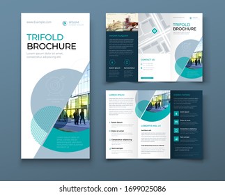 Tri Fold Brochure Design With Circle, Corporate Business Template For Tri Fold Flyer. Layout With Modern Photo And Abstract Circle Background. Creative Concept Folded Flyer Or Brochure.