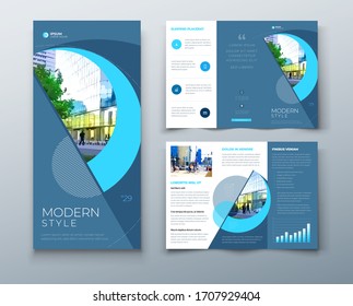 Tri fold brochure design with circle, corporate business template for tri fold flyer. Layout with modern photo and abstract circle background. Creative concept folded flyer or brochure.