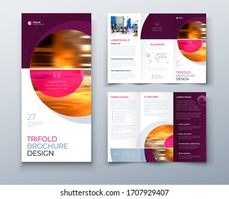 Tri fold brochure design with circle, corporate business template for tri fold flyer. Layout with modern photo and abstract circle background. Creative concept folded flyer or brochure.