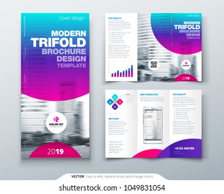 Tri fold brochure design. Cool business template for tri fold flyer. Layout with modern circle photo and abstract background. Creative 3 folded flyer or brochure concept.