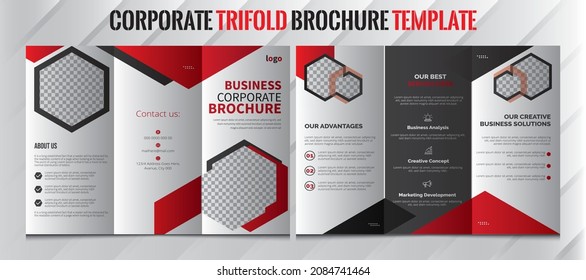 Diseño de folletos triples. Plantilla empresarial para volante triple con formas cuadradas rhombus. Plantilla de diseño de folletos trifásicos corporativos. Colores Rojo, Negro, Blanco.
