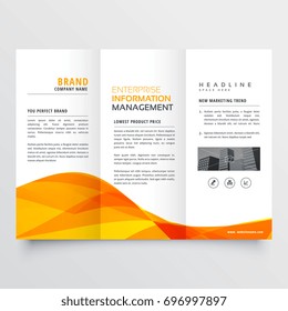 tri fold brochure design corporate business template with orange wavy shape