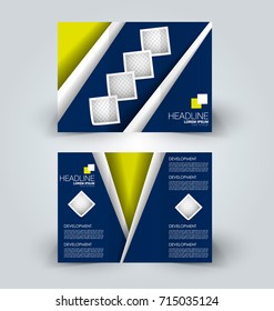 Tri fold brochure design. Creative business flyer template. Editable vector illustration. Blue and yellow color.