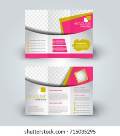 Tri fold brochure design. Creative business flyer template. Editable vector illustration. Pink and yellow color.