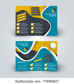 Tri fold brochure design. Creative business flyer template. Editable vector illustration. Yellow and blue color.