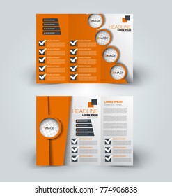 Tri fold brochure design. Creative business flyer template. Editable vector illustration. Orange color.