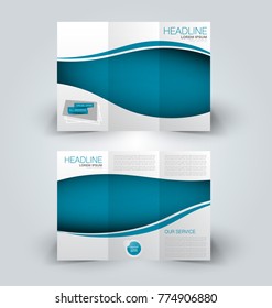 Tri fold brochure design. Creative business flyer template. Editable vector illustration. Blue color.