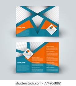 Tri fold brochure design. Creative business flyer template. Editable vector illustration. Orange and blue color.