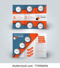 Tri fold brochure design. Creative business flyer template. Editable vector illustration. Orange and blue color.