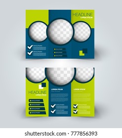 Tri fold brochure design. Creative business flyer template. Editable vector illustration. Blue and green color.