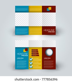 Tri fold brochure design. Creative business flyer template. Editable vector illustration. Blue, orange, and red color.
