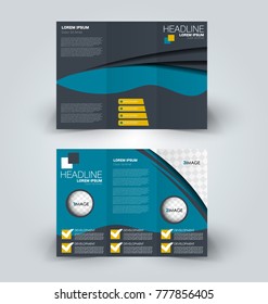 Tri fold brochure design. Creative business flyer template. Editable vector illustration. Blue and yellow color.