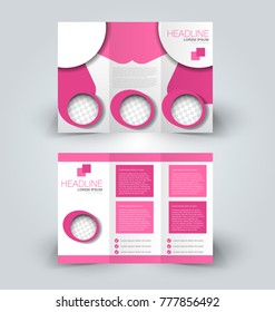 Tri fold brochure design. Creative business flyer template. Editable vector illustration. Pink color.