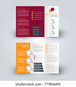 Tri fold brochure design. Creative business flyer template. Editable vector illustration. Red and yellow color.