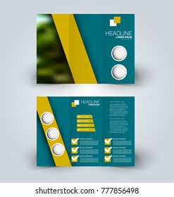 Tri fold brochure design. Creative business flyer template. Editable vector illustration. Blue and yellow color.