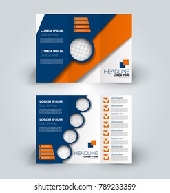 Tri fold brochure design. Creative business flyer template. Editable vector illustration. Orange and blue color.