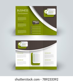 Tri fold brochure design. Creative business flyer template. Editable vector illustration. Green and brown color.